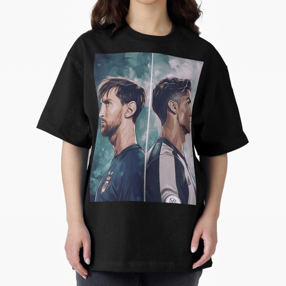 Lionel Messi and Cristiano Ronaldo Oversized T-Shirt Celebrate Rivalries and Pride in Match Day Hype around FIFA World Cup 2026 Group Stage, Mbappe and Neymar, Portugal, Spain and Germany, Match Day Excitement, Supporter Culture, Golden Goals and