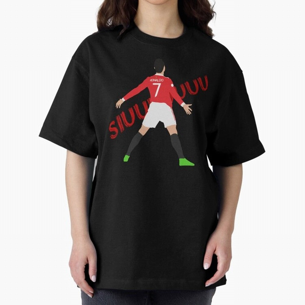 Cristano Ronaldo Celebration Block Art SIUUUU with text Oversized T-Shirt Show Support during FIFA World Cup 2026 Spirit, with Argentina and Brazil, Neymar, Haaland and Cristiano Ronaldo, Retro Football Energy, Iconic Rivalries, Trophy Chase Drama