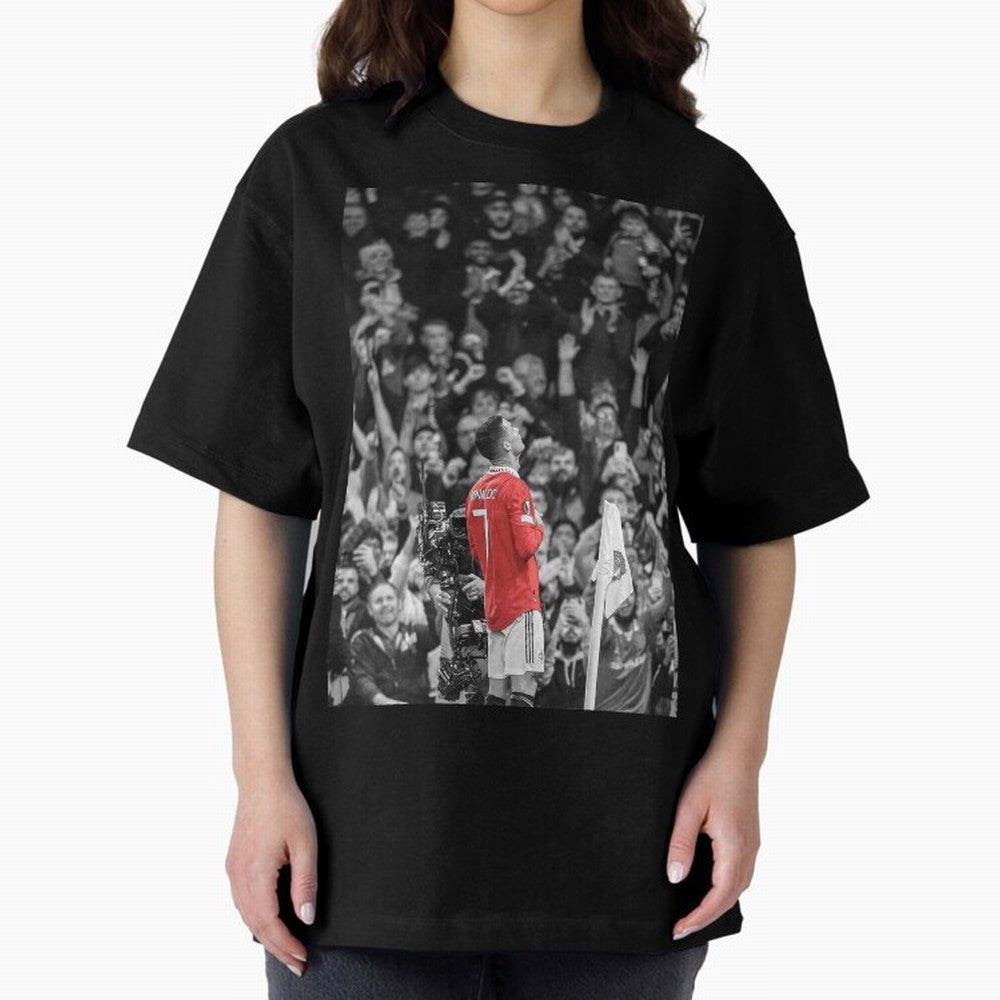 Cristiano Ronaldo Manchester United Oversized T-Shirt Celebrate Supporters United by Global Football Passion for FIFA World Cup 2026 USA Canada Mexico, Filled with Mbappe, Germany, Worldwide Fan Energy, Dramatic Goals, Stadium Lights and