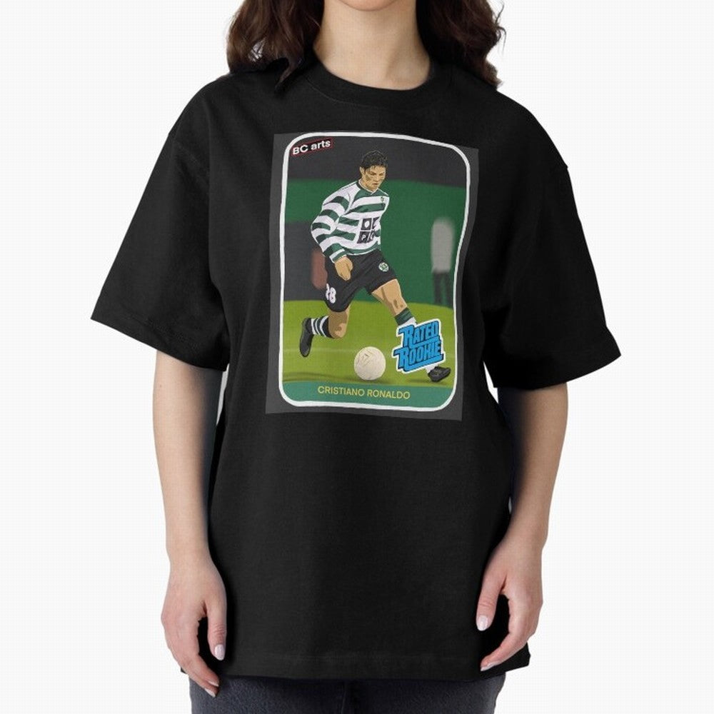Sporting Lisbon Cristiano Ronaldo Rookie Card Artwork Oversized T-Shirt Relive the Noise and Pride of Global Football Passion for FIFA World Cup 2026 Group Stage, Centered on Neymar, Haaland and Cristiano Ronaldo, Spain, Football Festival