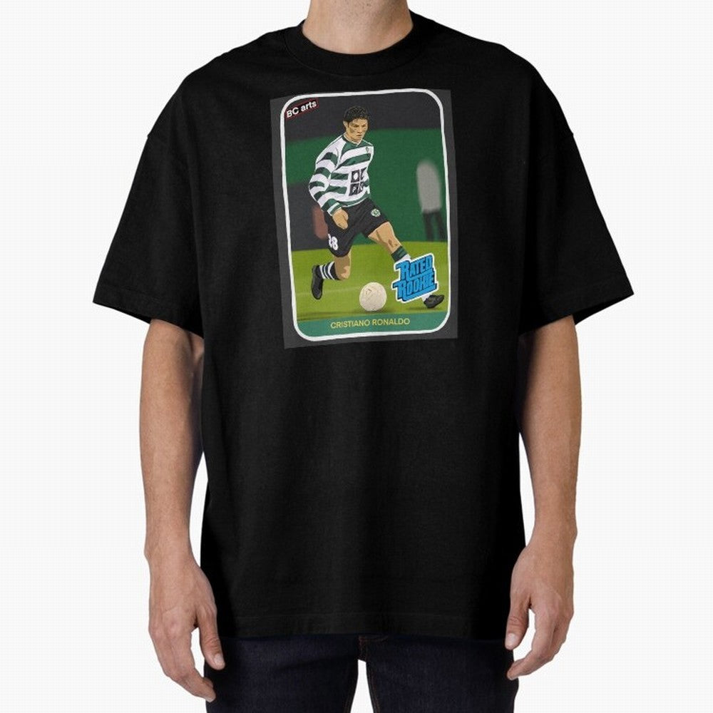 Sporting Lisbon Cristiano Ronaldo Rookie Card Artwork Oversized T-Shirt Relive the Noise and Pride of Global Football Passion for FIFA World Cup 2026 Group Stage, Centered on Neymar, Haaland and Cristiano Ronaldo, Spain, Football Festival