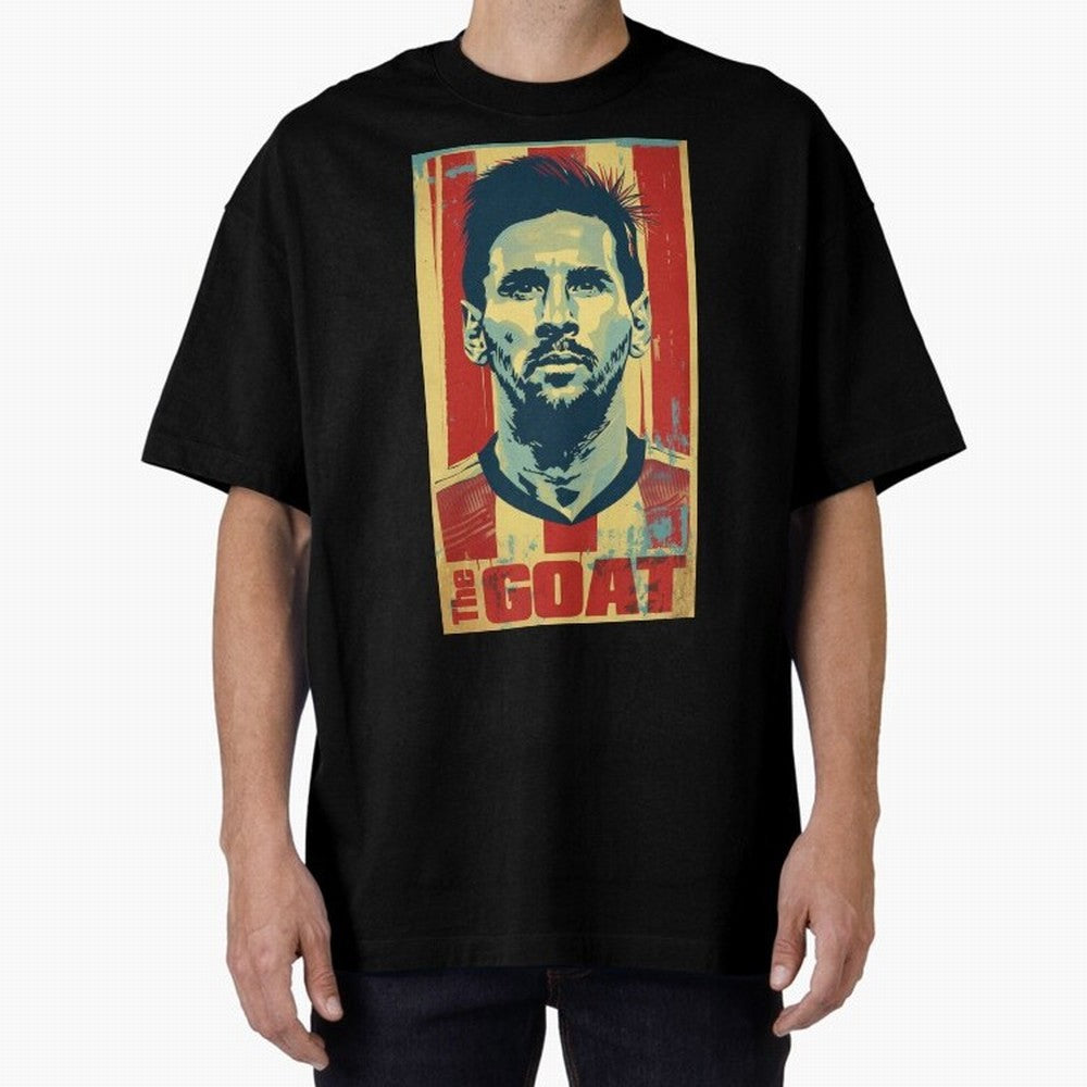Messi The GOAT Graphic poster design Oversized T-Shirt Make Game Day About Global Football Passion for FIFA World Cup 2026, Filled with CR7, Argentina and Brazil, Football History, Final Match Energy, Crowd Noise and Once in a Lifetime Moments;