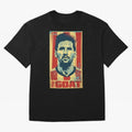 Messi The GOAT Graphic poster design Oversized T-Shirt Make Game Day About Global Football Passion for FIFA World Cup 2026, Filled with CR7, Argentina and Brazil, Football History, Final Match Energy, Crowd Noise and Once in a Lifetime Moments;