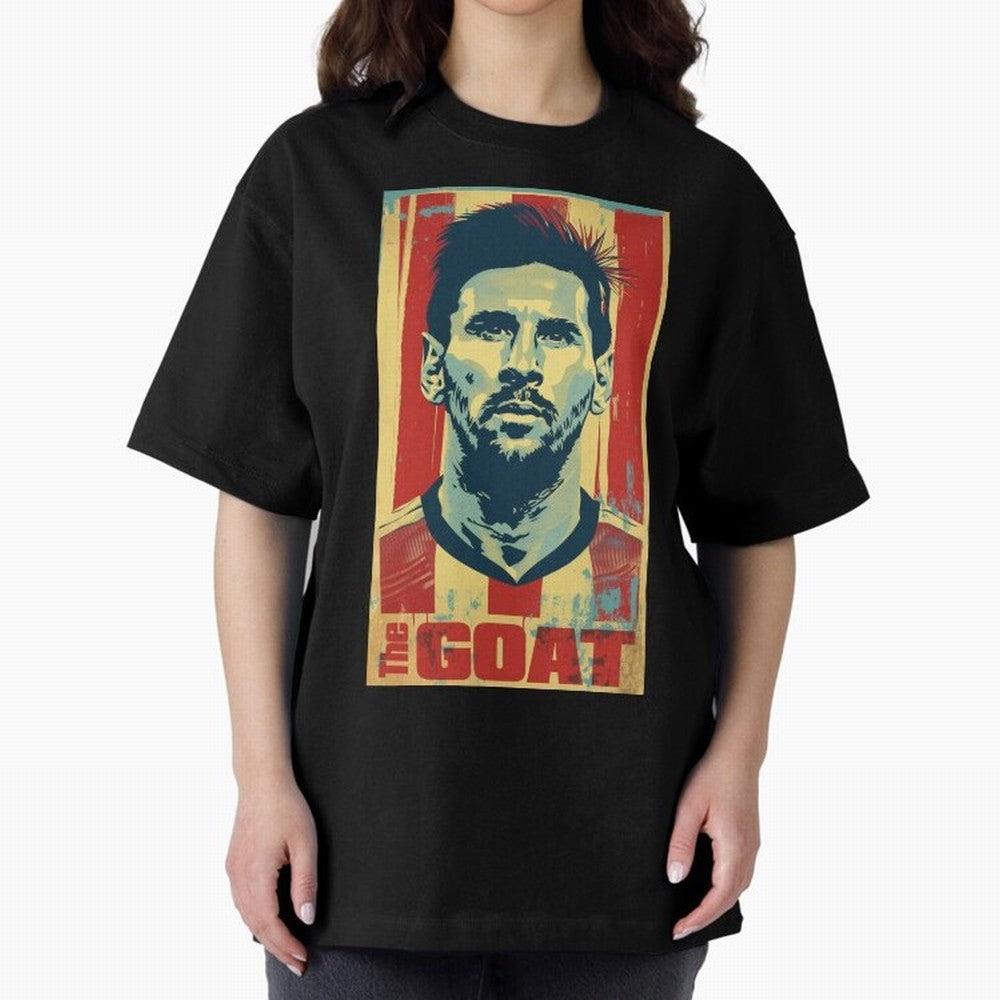 Messi The GOAT Graphic poster design Oversized T-Shirt Make Game Day About Global Football Passion for FIFA World Cup 2026, Filled with CR7, Argentina and Brazil, Football History, Final Match Energy, Crowd Noise and Once in a Lifetime Moments;