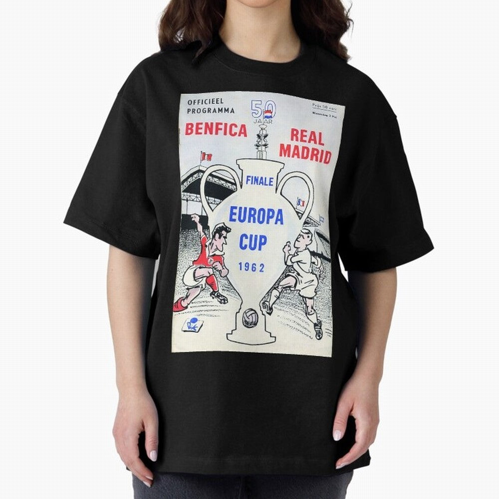 Vintage Champions League Final Poster - Real Madrid vs Benfica Oversized T-Shirt Wear the Spirit of Match Day Hype around FIFA World Cup 2026 Group Stage, Mbappe and Neymar, Argentina, France and Brazil, Match Day Excitement, Supporter Culture,