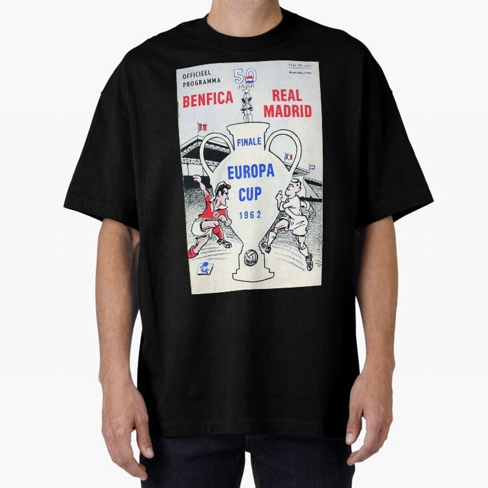 Vintage Champions League Final Poster - Real Madrid vs Benfica Oversized T-Shirt Wear the Spirit of Match Day Hype around FIFA World Cup 2026 Group Stage, Mbappe and Neymar, Argentina, France and Brazil, Match Day Excitement, Supporter Culture,