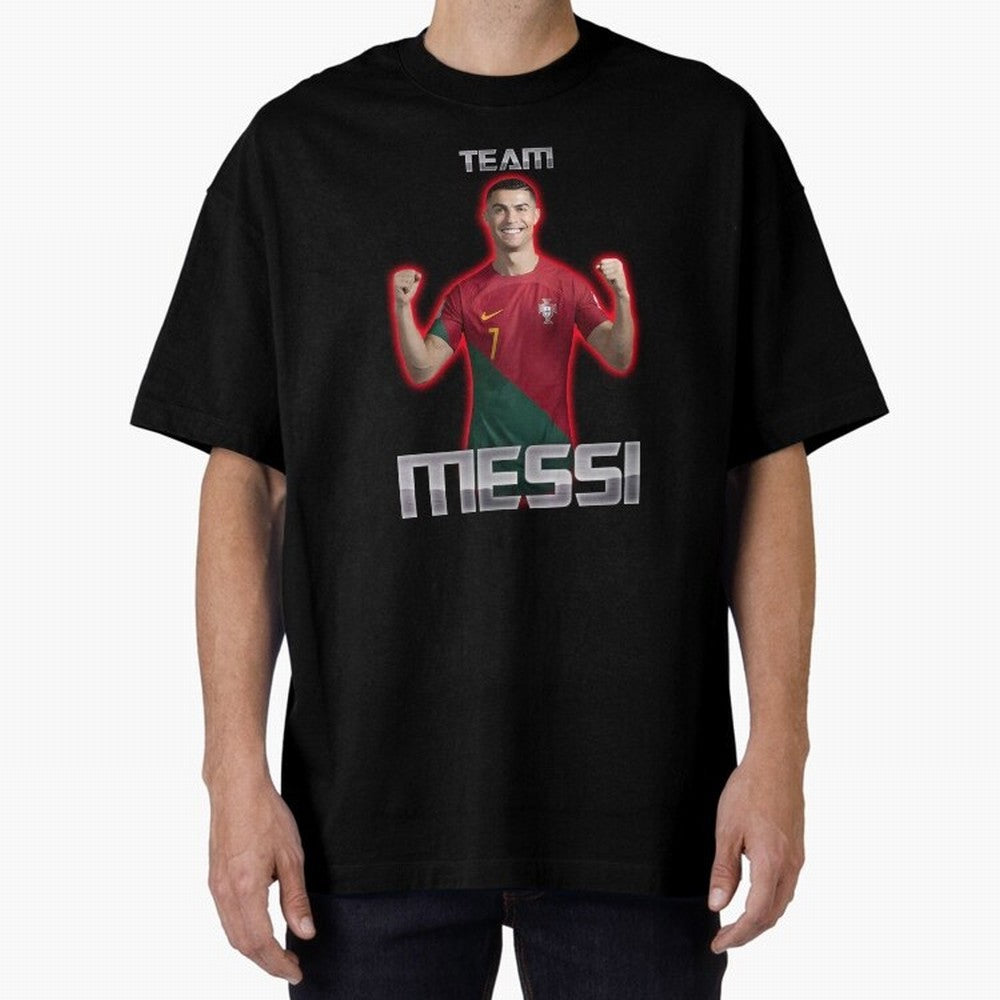 controversial football shirt Oversized T-Shirt Honor Football Greatness during Global Football Passion for FIFA World Cup 2026, Highlighting CR7 and Messi, Brazil, Portugal and Argentina, Goal Celebration Energy, Supporter Heritage, Football Icons