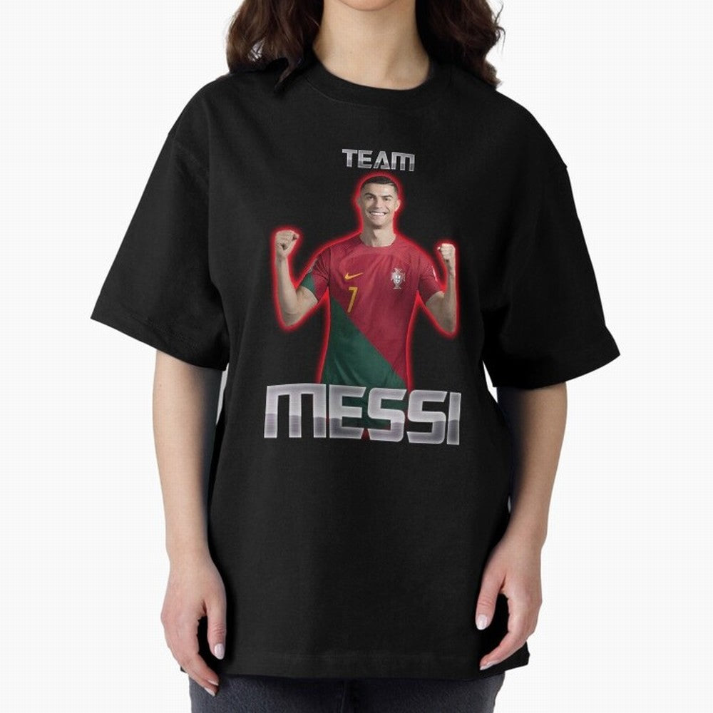 controversial football shirt Oversized T-Shirt Honor Football Greatness during Global Football Passion for FIFA World Cup 2026, Highlighting CR7 and Messi, Brazil, Portugal and Argentina, Goal Celebration Energy, Supporter Heritage, Football Icons