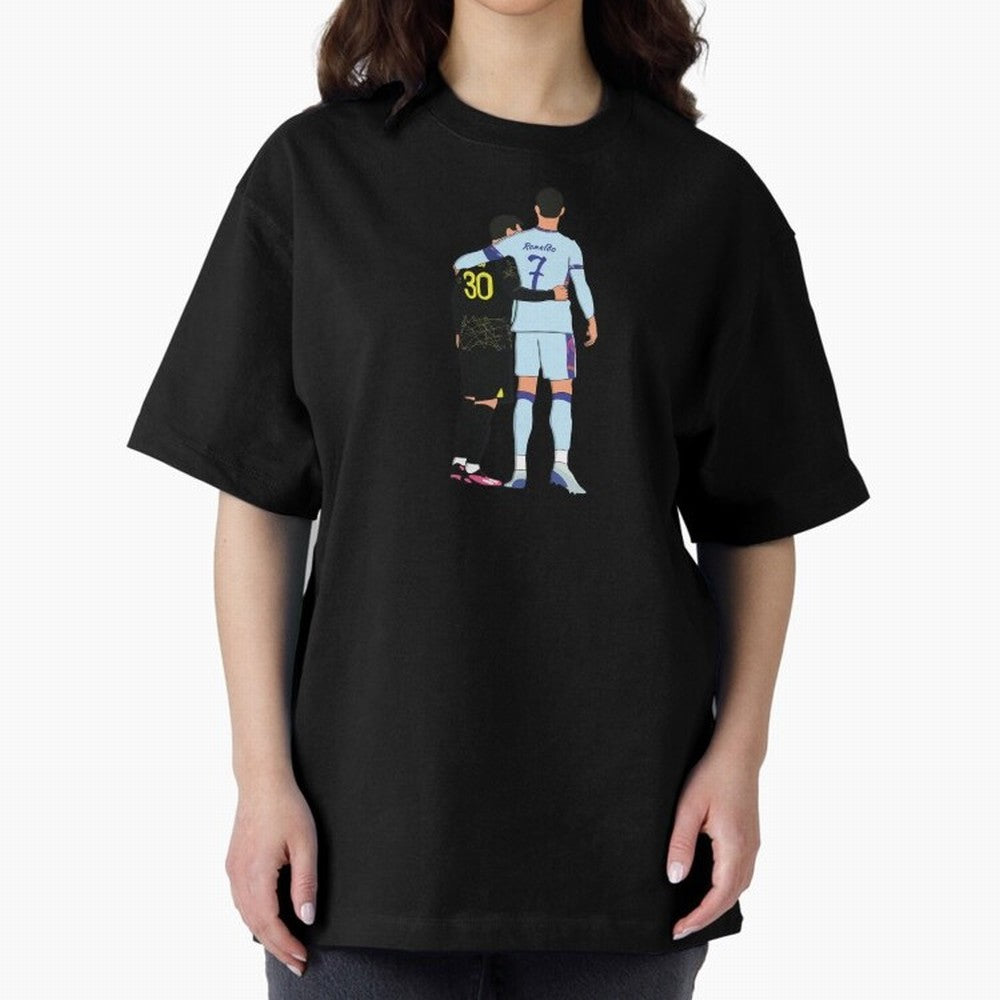 Messi and Ronaldo Reunion Illustration Oversized T-Shirt Represent Fans Who Live for Global Football Passion for FIFA World Cup 2026, Capturing CR7, Germany, Football History, Final Match Energy, Crowd Noise and Once in a Lifetime Moments; Perfect