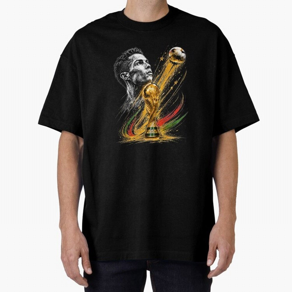Ronaldo with World Cup Oversized T-Shirt Celebrate Classic Football Spirit in Match Day Hype around FIFA World Cup 2026 Group Stage, Messi, Neymar and Mbappe, France and Portugal, Sports Nostalgia, International Competition, Famous Players and