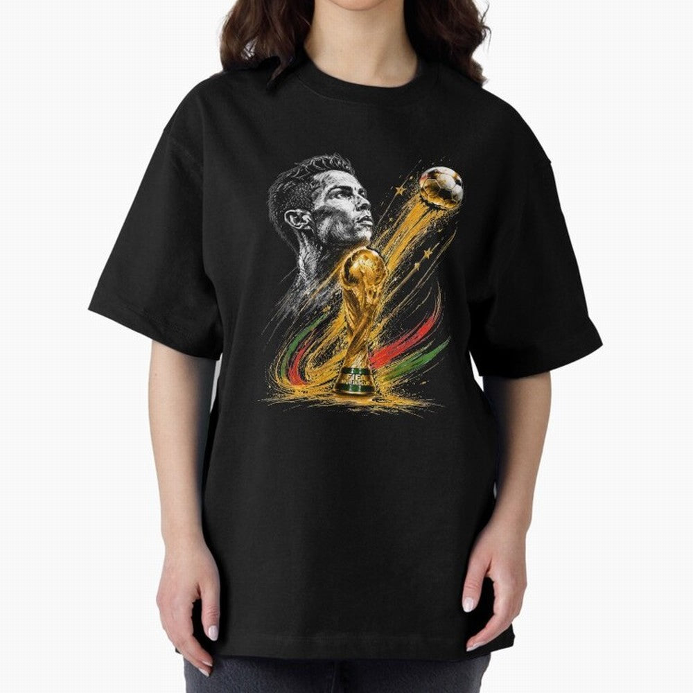 Ronaldo with World Cup Oversized T-Shirt Celebrate Classic Football Spirit in Match Day Hype around FIFA World Cup 2026 Group Stage, Messi, Neymar and Mbappe, France and Portugal, Sports Nostalgia, International Competition, Famous Players and