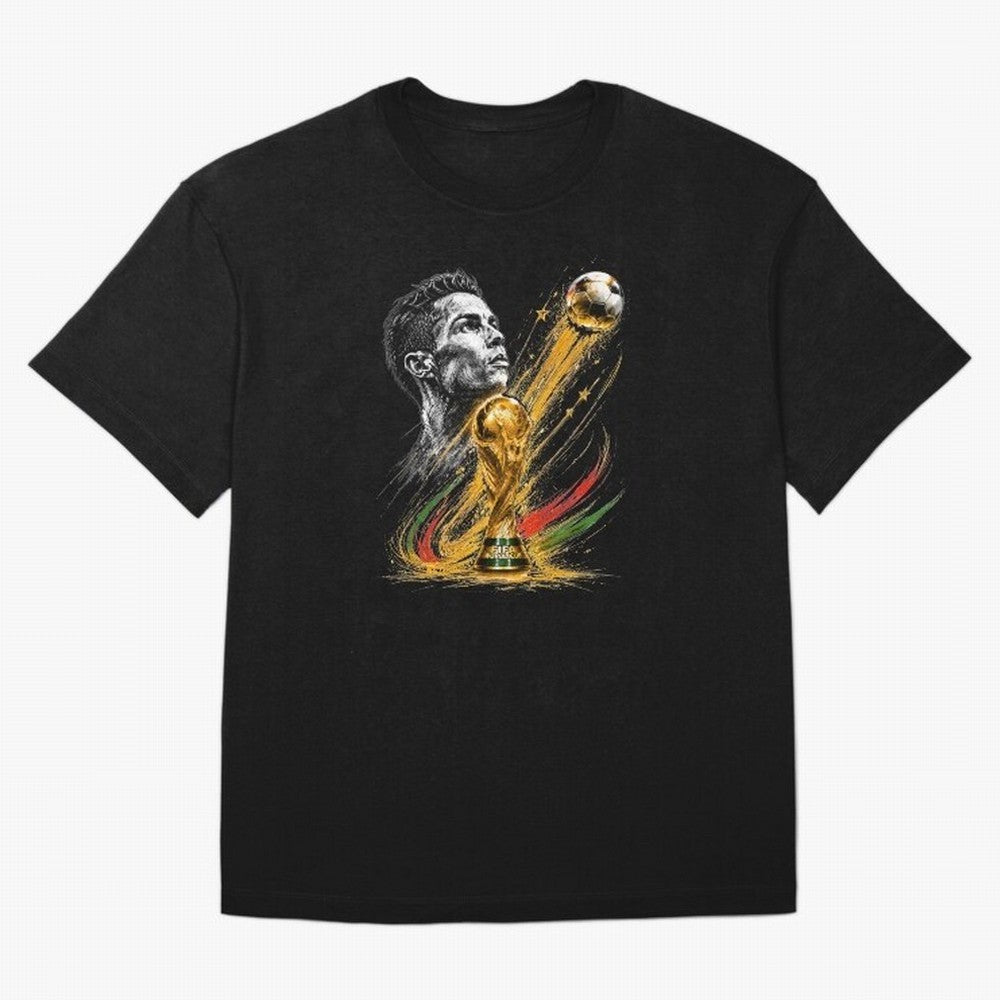Ronaldo with World Cup Oversized T-Shirt Celebrate Classic Football Spirit in Match Day Hype around FIFA World Cup 2026 Group Stage, Messi, Neymar and Mbappe, France and Portugal, Sports Nostalgia, International Competition, Famous Players and