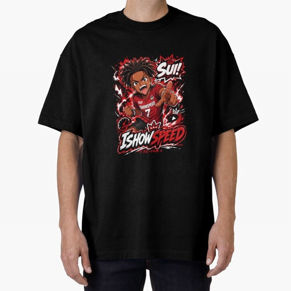 I Show Speed SUI Anime poster | Hype art Red Black Streewear Oversized T-Shirt Celebrate the Stars of Global Football Passion for FIFA World Cup 2026, Filled with CR7 and Messi, England, France and Netherlands, Supporter Pride, Iconic Celebrations,