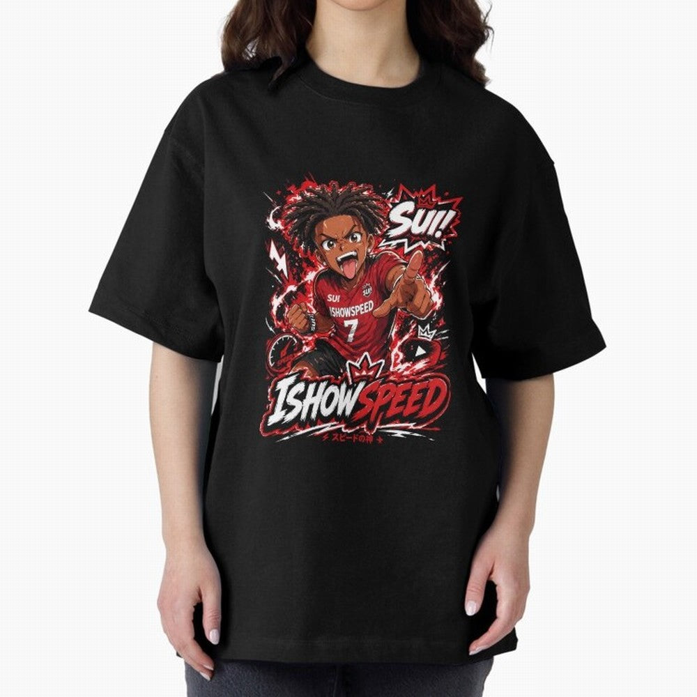 I Show Speed SUI Anime poster | Hype art Red Black Streewear Oversized T-Shirt Celebrate the Stars of Global Football Passion for FIFA World Cup 2026, Filled with CR7 and Messi, England, France and Netherlands, Supporter Pride, Iconic Celebrations,