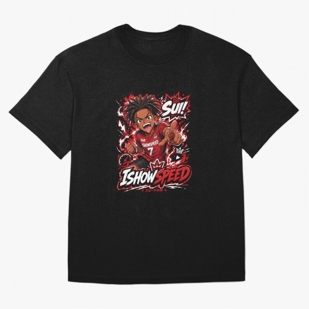 I Show Speed SUI Anime poster | Hype art Red Black Streewear Oversized T-Shirt Celebrate the Stars of Global Football Passion for FIFA World Cup 2026, Filled with CR7 and Messi, England, France and Netherlands, Supporter Pride, Iconic Celebrations,