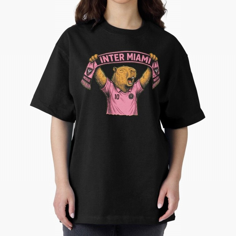 Capybara Inter Miami Fan Celebrating ¨C Funny Soccer Illustration with Scarf Oversized T-Shirt Bring Stadium Energy to FIFA World Cup 2026 USA Canada Mexico Featuring Messi and Cristiano Ronaldo, Portugal Energy, Global Supporter Spirit, Legendary