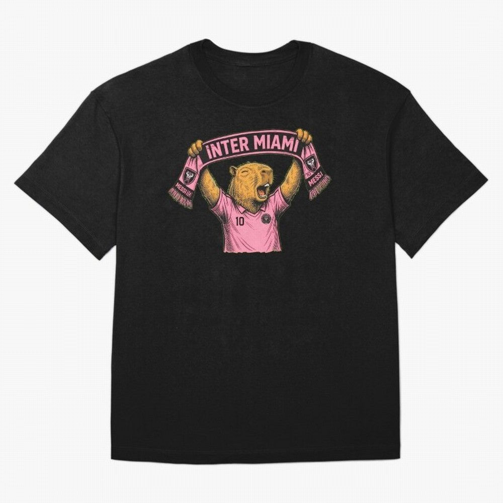 Capybara Inter Miami Fan Celebrating ¨C Funny Soccer Illustration with Scarf Oversized T-Shirt Bring Stadium Energy to FIFA World Cup 2026 USA Canada Mexico Featuring Messi and Cristiano Ronaldo, Portugal Energy, Global Supporter Spirit, Legendary