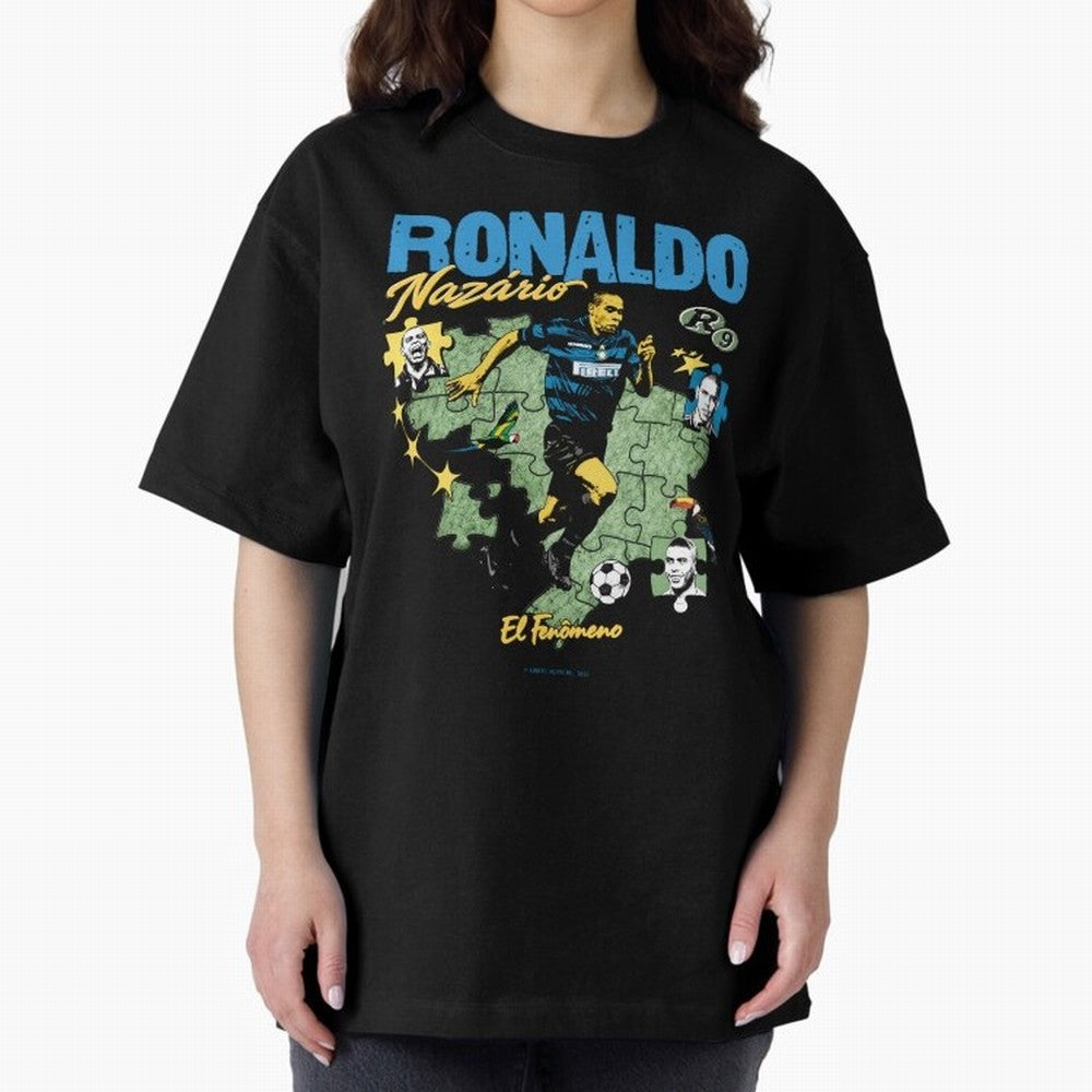 R9 Ronaldo Nazario Retro Brazil Soccer Oversized T-Shirt Follow the Road to Global Football Passion for FIFA World Cup 2026 Group Stage, Inspired by Haaland, England, Goal Celebration Energy, Supporter Heritage, Football Icons and Worldwide