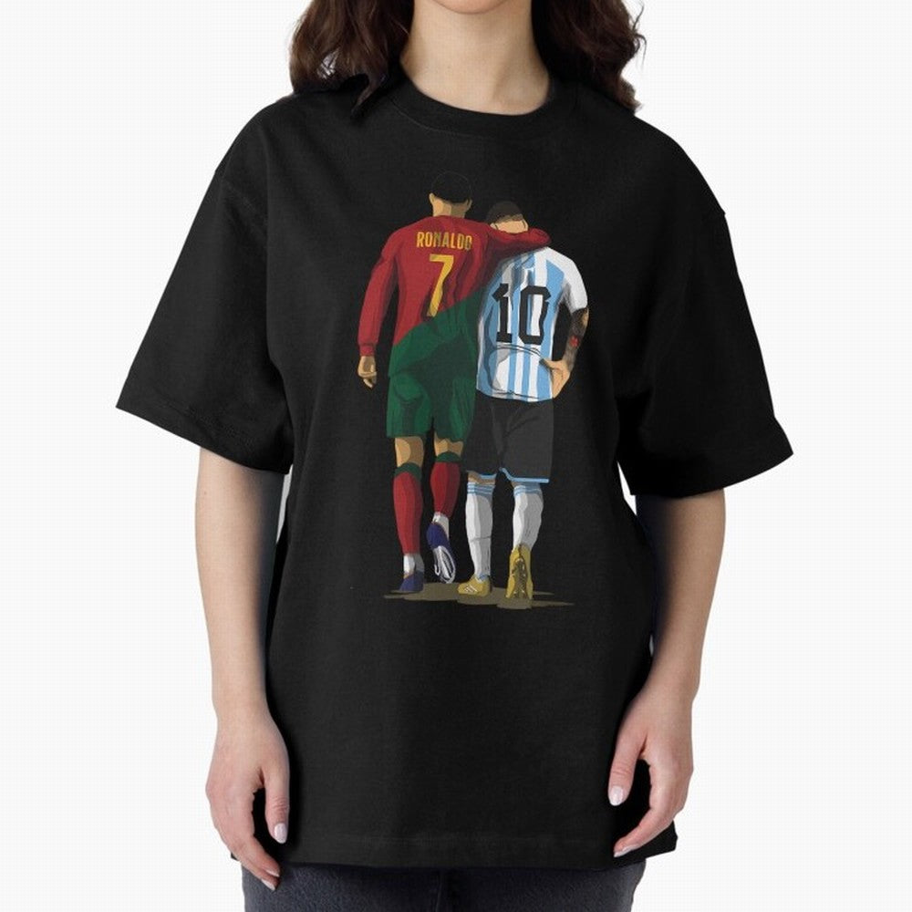 Messi Ronaldo Chit Chat Illustration Oversized T-Shirt Turn Football Passion into FIFA World Cup 2026 Group Stage Spirit, Inspired by France, Cristiano Ronaldo, Haaland and CR7, Sports Nostalgia, International Competition, Famous Players and