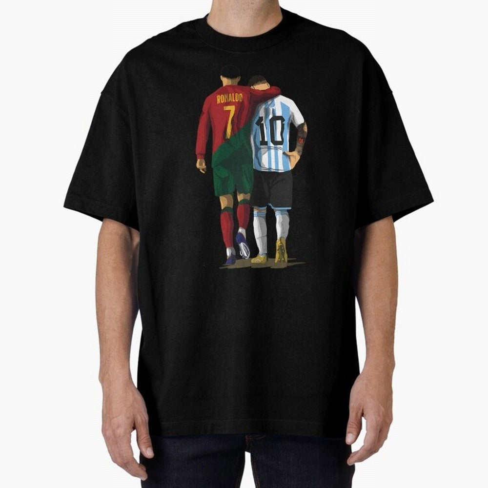 Messi Ronaldo Chit Chat Illustration Oversized T-Shirt Turn Football Passion into FIFA World Cup 2026 Group Stage Spirit, Inspired by France, Cristiano Ronaldo, Haaland and CR7, Sports Nostalgia, International Competition, Famous Players and