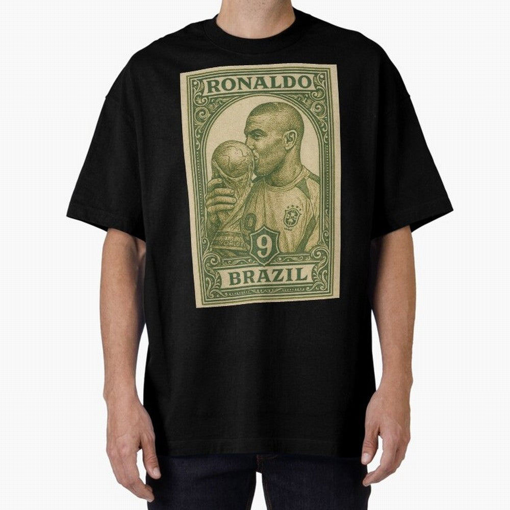 Vintage Brazilian Ronaldo Fenomeno R9 Football Legend Stamp Illustration ¨C Retro Soccer World Cup Art Print Oversized T-Shirt Relive FIFA World Cup 2026 Group Stage for Fans of Haaland and Mbappe and Brazil, Portugal and Argentina, Bringing