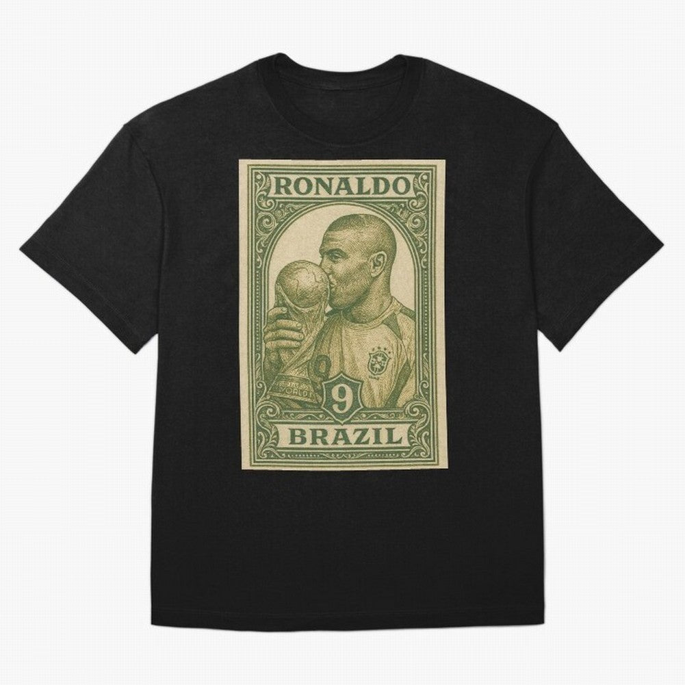 Vintage Brazilian Ronaldo Fenomeno R9 Football Legend Stamp Illustration ¨C Retro Soccer World Cup Art Print Oversized T-Shirt Relive FIFA World Cup 2026 Group Stage for Fans of Haaland and Mbappe and Brazil, Portugal and Argentina, Bringing
