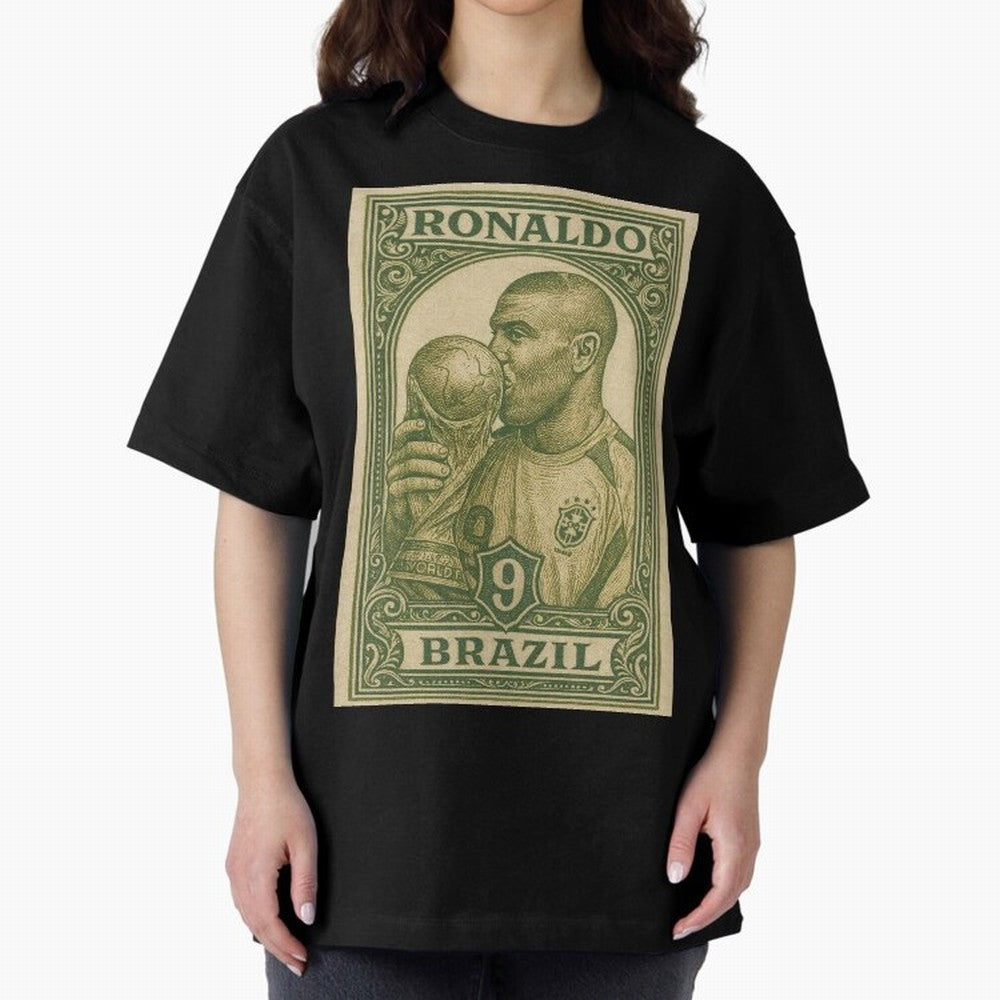 Vintage Brazilian Ronaldo Fenomeno R9 Football Legend Stamp Illustration ¨C Retro Soccer World Cup Art Print Oversized T-Shirt Relive FIFA World Cup 2026 Group Stage for Fans of Haaland and Mbappe and Brazil, Portugal and Argentina, Bringing