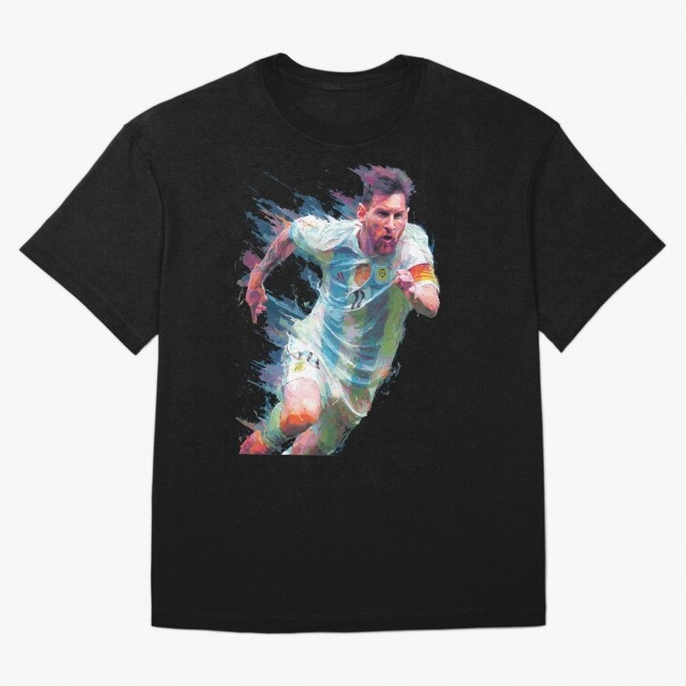 Messi in action Graphic Paint poster design Oversized T-Shirt Experience the Global Stage of FIFA World Cup 2026 Spirit, Connected to Argentina, Messi, Neymar and Mbappe, Goal Celebration Energy, Supporter Heritage, Football Icons and Worldwide
