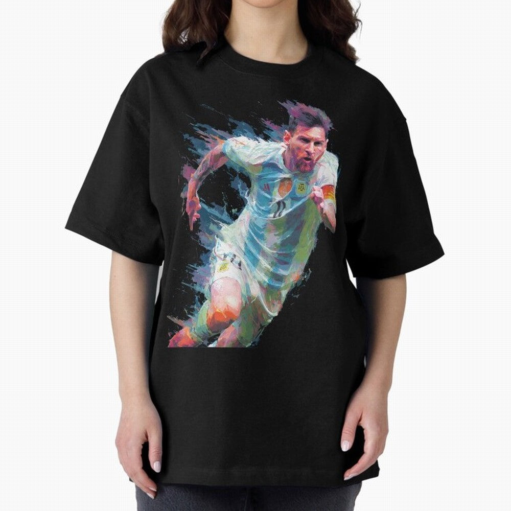 Messi in action Graphic Paint poster design Oversized T-Shirt Experience the Global Stage of FIFA World Cup 2026 Spirit, Connected to Argentina, Messi, Neymar and Mbappe, Goal Celebration Energy, Supporter Heritage, Football Icons and Worldwide