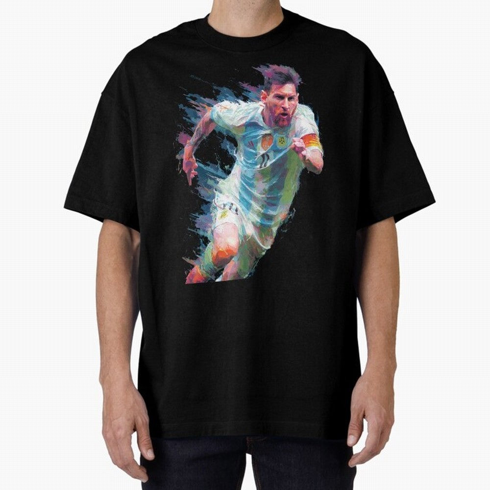 Messi in action Graphic Paint poster design Oversized T-Shirt Experience the Global Stage of FIFA World Cup 2026 Spirit, Connected to Argentina, Messi, Neymar and Mbappe, Goal Celebration Energy, Supporter Heritage, Football Icons and Worldwide