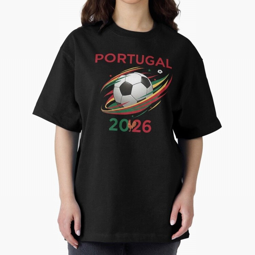 Camiseta Portugal 2026 - Bola de Futebol e Design Galo de Barcelos. Oversized T-Shirt Embrace Match Day Hype around FIFA World Cup 2026, Messi, CR7 and Mbappe, Brazil, Portugal and Argentina, Football Festival Excitement, Trophy Ambitions, Country