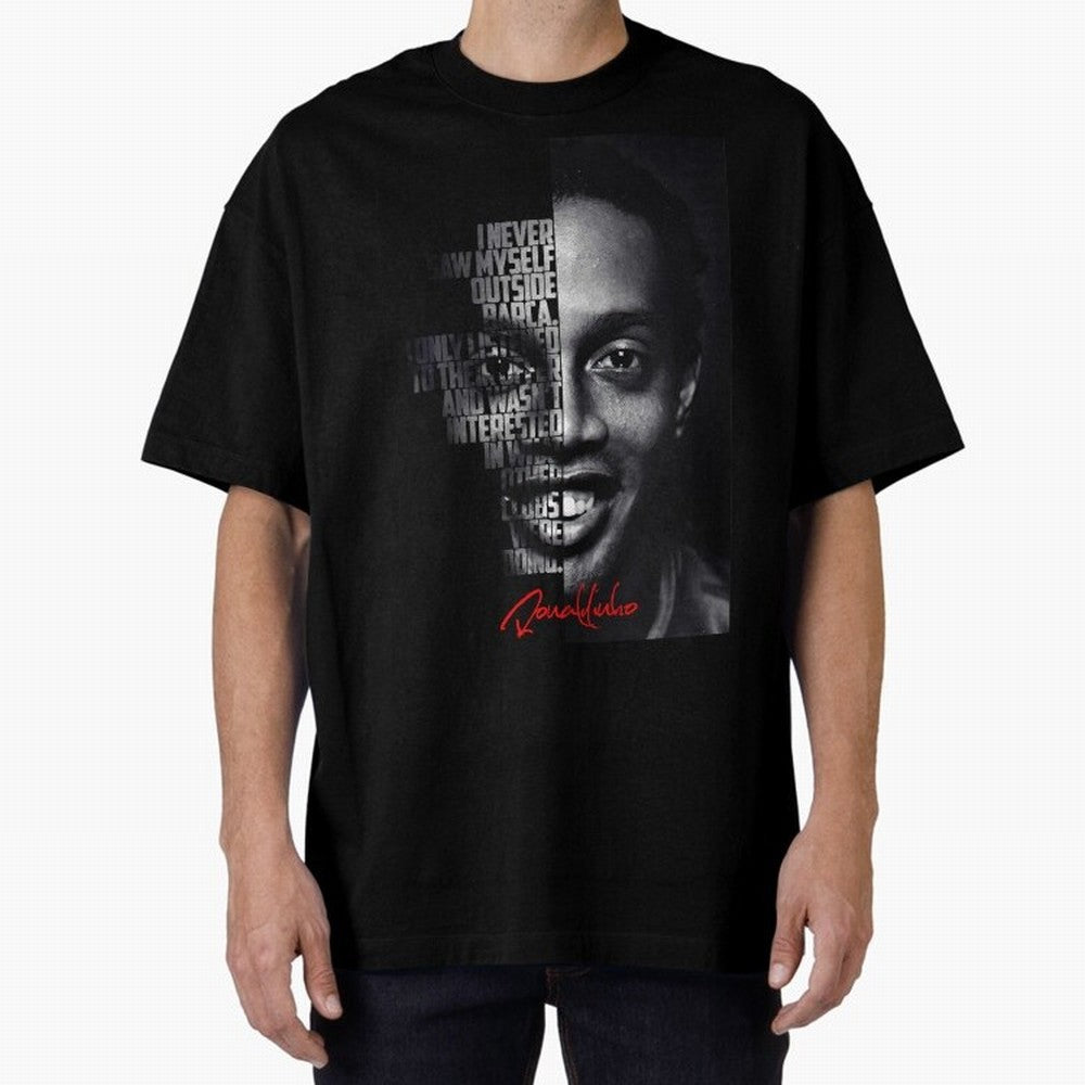Black and white Ronaldinho quote. Oversized T-Shirt Celebrate the Road through FIFA World Cup 2026 USA Canada Mexico Capturing CR7 and Messi, Argentina and Brazil Energy, Football History, Final Match Energy, Crowd Noise and Once in a Lifetime