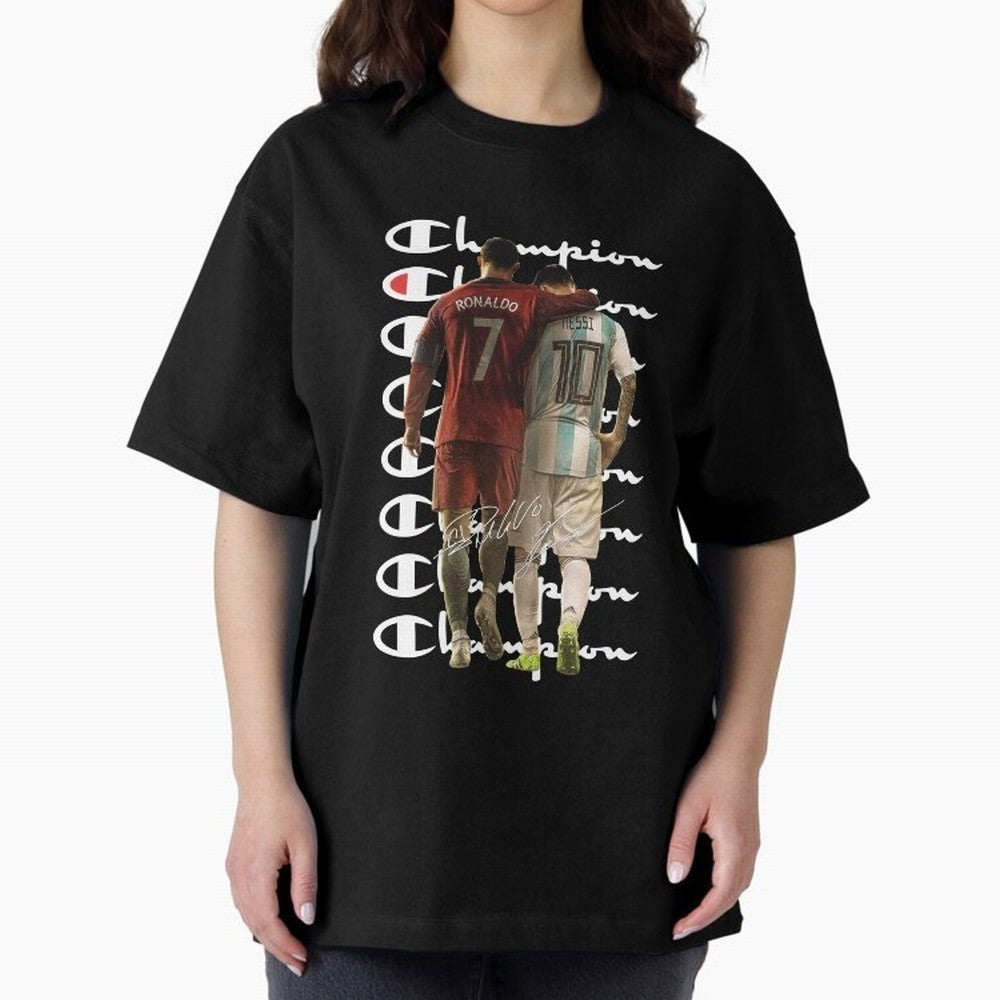 Ronaldos And Messis C-C-H-A-M-P-I-O-N-N Oversized T-Shirt Keep Football History Alive during Global Football Passion for FIFA World Cup 2026 USA Canada Mexico, Inspired by Cristiano Ronaldo, Haaland and CR7, Argentina, Football History, Final Match