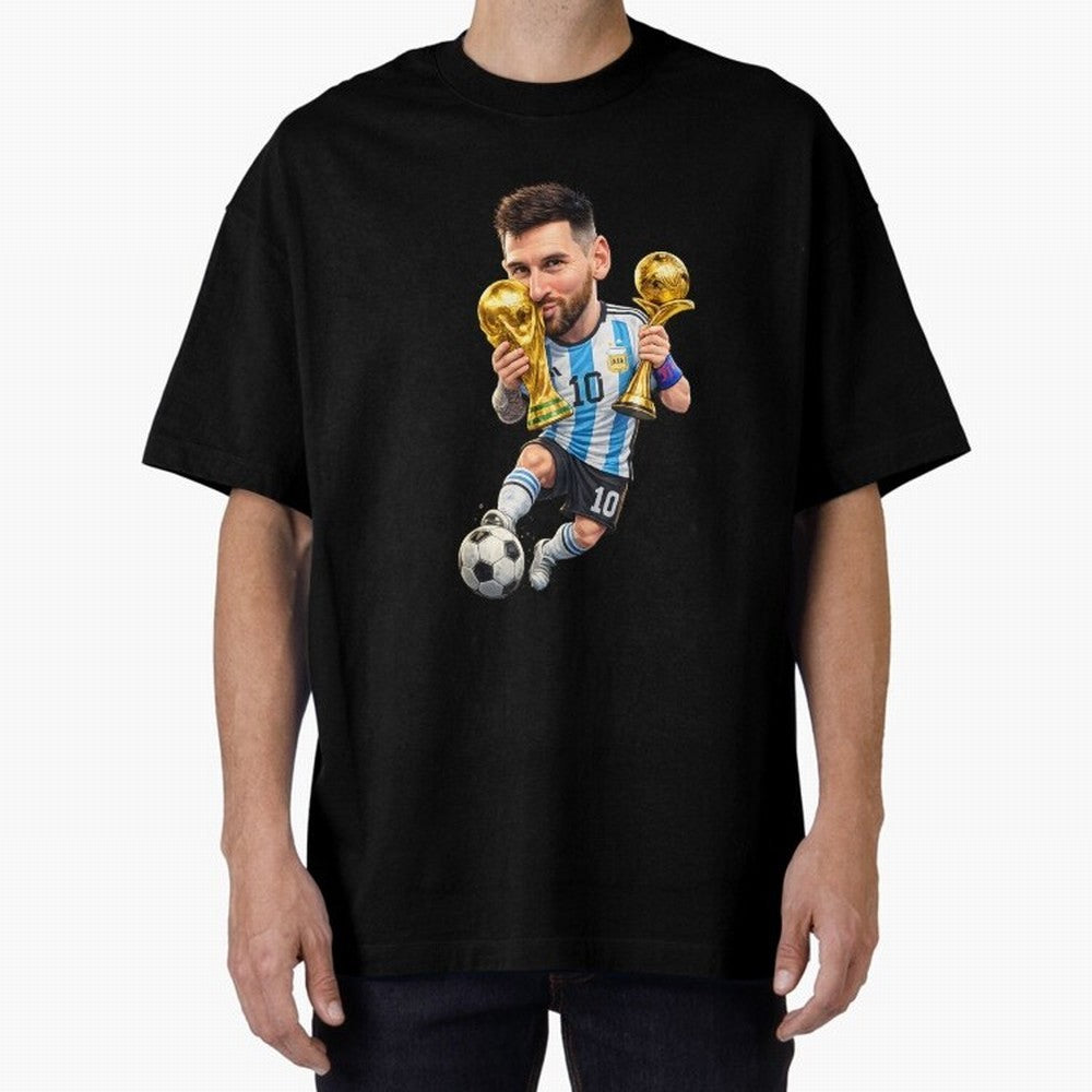 Lionel Messi ¨C Trophy King Caricature Oversized T-Shirt Enjoy Global Football Passion for FIFA World Cup 2026 USA Canada Mexico, Capturing Messi and Cristiano Ronaldo, Argentina, Soccer Culture, Superstar Moments, National Team Dreams and