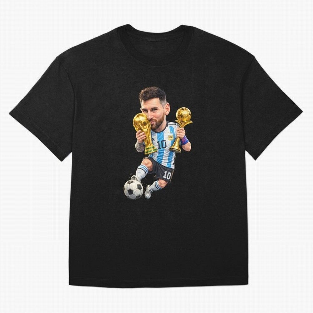 Lionel Messi ¨C Trophy King Caricature Oversized T-Shirt Enjoy Global Football Passion for FIFA World Cup 2026 USA Canada Mexico, Capturing Messi and Cristiano Ronaldo, Argentina, Soccer Culture, Superstar Moments, National Team Dreams and