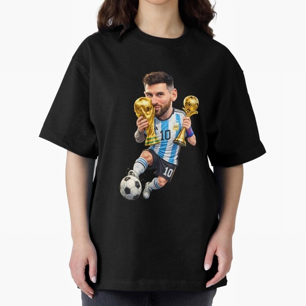 Lionel Messi ¨C Trophy King Caricature Oversized T-Shirt Enjoy Global Football Passion for FIFA World Cup 2026 USA Canada Mexico, Capturing Messi and Cristiano Ronaldo, Argentina, Soccer Culture, Superstar Moments, National Team Dreams and
