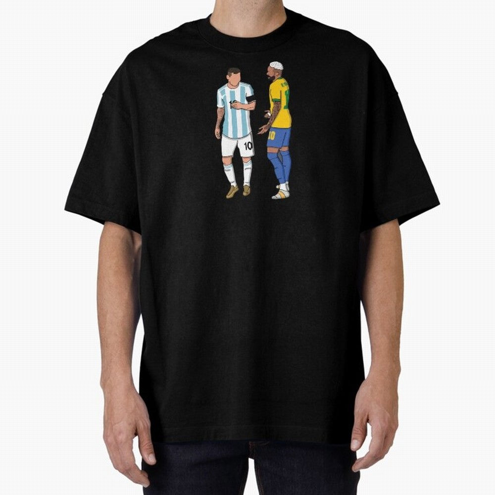 Messi and Neymar Chit Chat Illustration Oversized T-Shirt Honor the Beautiful Game during Match Day Hype around FIFA World Cup 2026 USA Canada Mexico, Cristiano Ronaldo, Haaland and CR7, England and Germany, Football Festival Excitement, Trophy