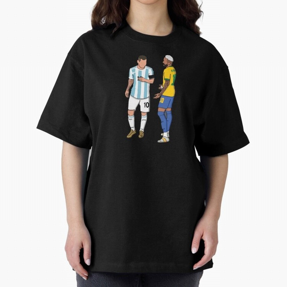 Messi and Neymar Chit Chat Illustration Oversized T-Shirt Honor the Beautiful Game during Match Day Hype around FIFA World Cup 2026 USA Canada Mexico, Cristiano Ronaldo, Haaland and CR7, England and Germany, Football Festival Excitement, Trophy