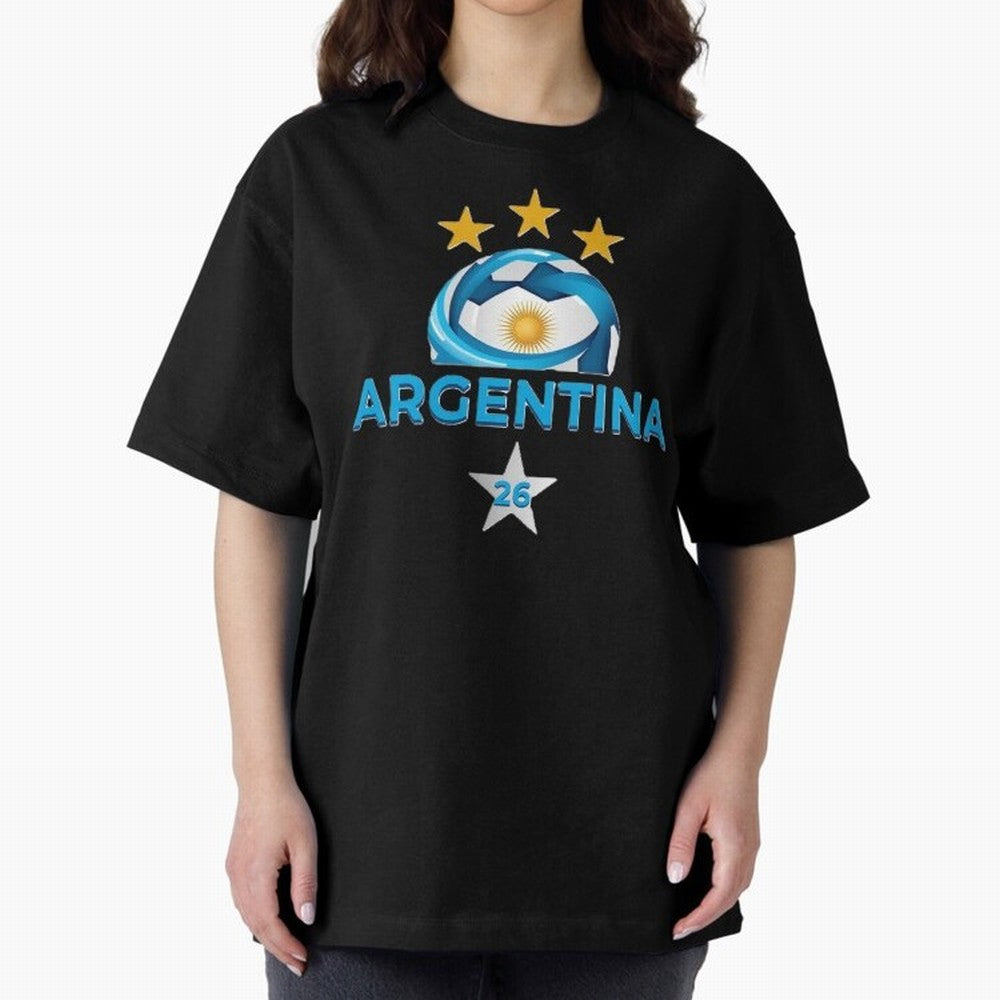 Argentina 2026 Stars Oversized T-Shirt Honor Football Greatness during FIFA World Cup 2026 for Fans of Mbappe and Brazil, Bringing Football History, Final Match Energy, Crowd Noise and Once in a Lifetime Moments; Perfect for Supporters Who Want