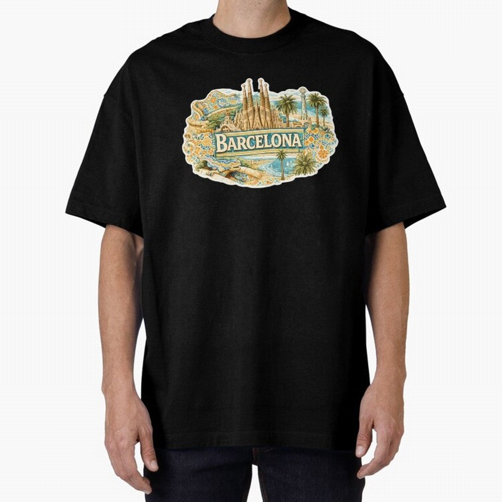 Barcelona Souvenir Sagrada Familia and Mosaic Design Oversized T-Shirt Mark Match Day Hype around FIFA World Cup 2026 USA Canada Mexico, Messi, Argentina and Brazil, Football Passion, Legendary Performances, Festival Vibes and Supporter Community;