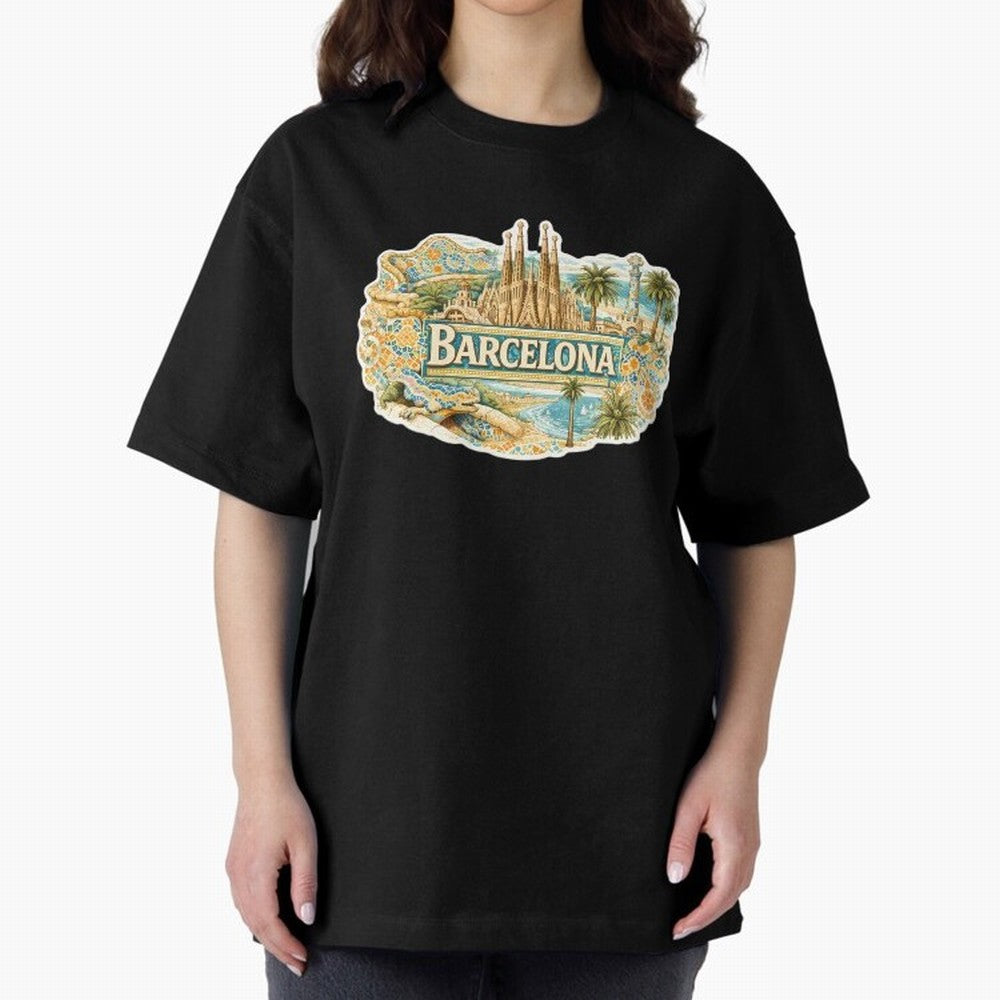 Barcelona Souvenir Sagrada Familia and Mosaic Design Oversized T-Shirt Mark Match Day Hype around FIFA World Cup 2026 USA Canada Mexico, Messi, Argentina and Brazil, Football Passion, Legendary Performances, Festival Vibes and Supporter Community;
