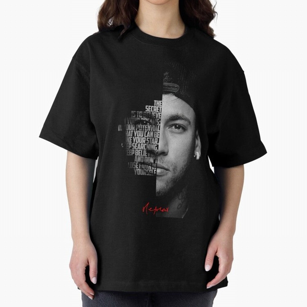 Black and white Neymar Jr quote. Oversized T-Shirt Bring Trophy Dreams to Global Football Passion for FIFA World Cup 2026 Group Stage, Featuring Haaland and Mbappe, Argentina, France and Brazil, Worldwide Fan Energy, Dramatic Goals, Stadium Lights