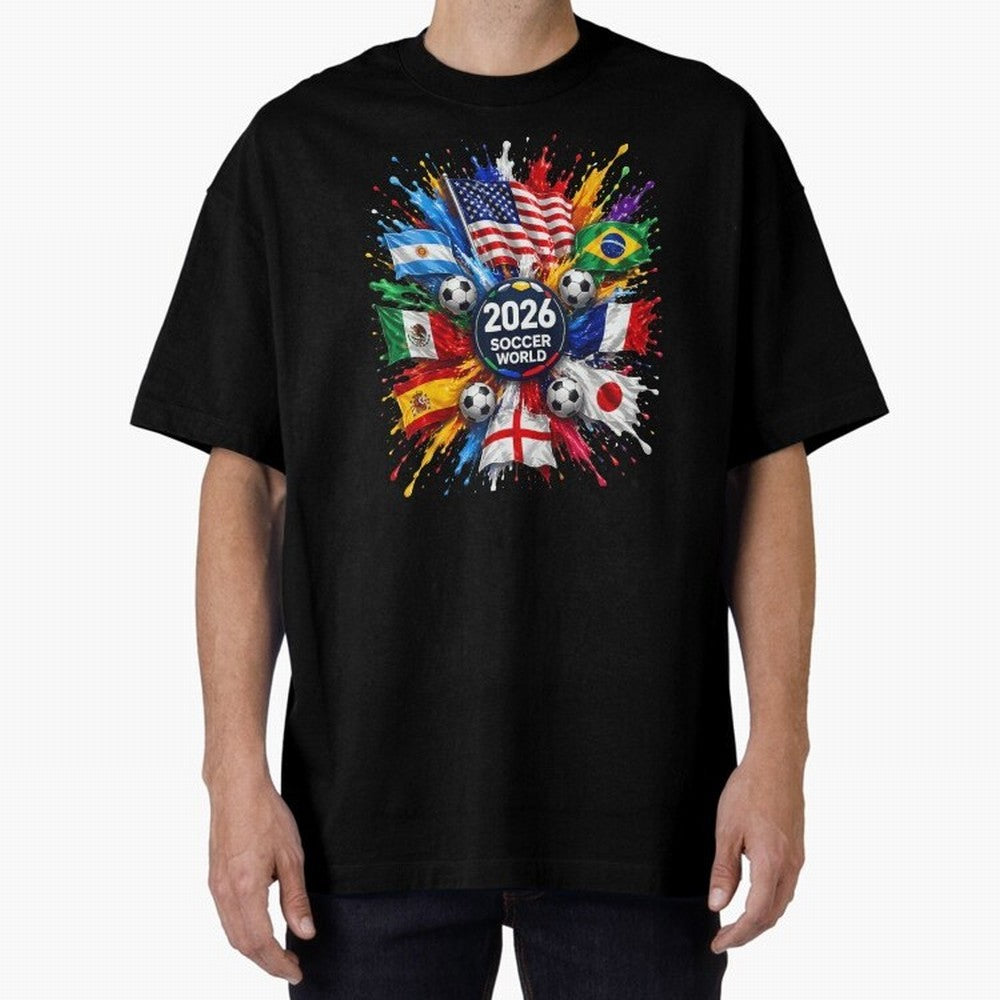 2026 Soccer World Championship Global Flags Paint Splash Sports Fan Graphic Classic T-Shirt Join the Global Buzz around Global Football Passion for FIFA World Cup 2026 Group Stage, Celebrating Messi, Neymar and Mbappe, England and Germany, Stadium