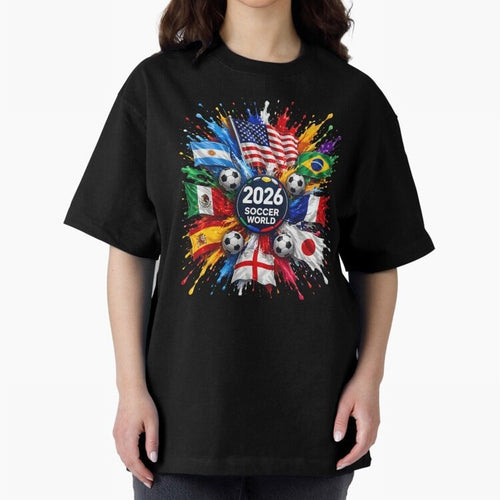 2026 Soccer World Championship Global Flags Paint Splash Sports Fan Graphic Classic T-Shirt Join the Global Buzz around Global Football Passion for FIFA World Cup 2026 Group Stage, Celebrating Messi, Neymar and Mbappe, England and Germany, Stadium