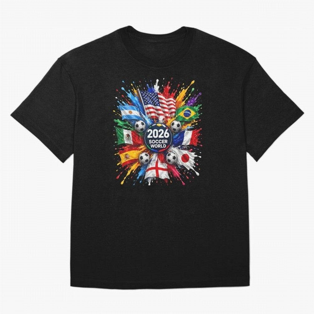 2026 Soccer World Championship Global Flags Paint Splash Sports Fan Graphic Classic T-Shirt Join the Global Buzz around Global Football Passion for FIFA World Cup 2026 Group Stage, Celebrating Messi, Neymar and Mbappe, England and Germany, Stadium