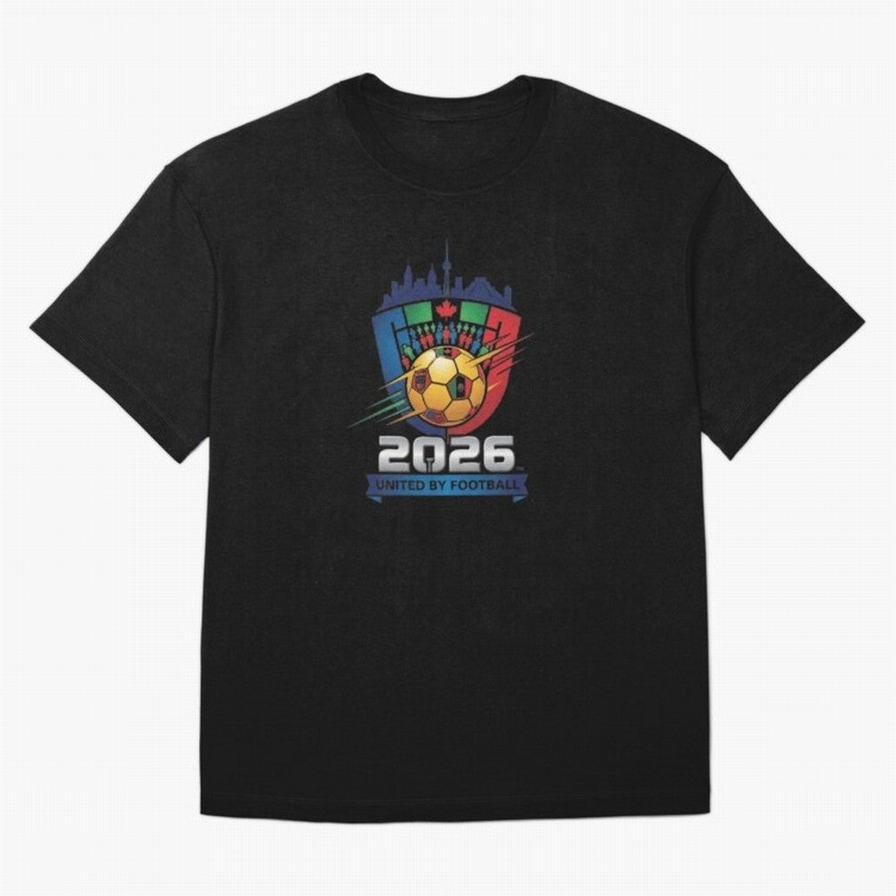 2026 World Cup United by Football Shield Emblem with Skyline Classic T-Shirt Carry the Colors and Pride of Global Football Passion for FIFA World Cup 2026, with Messi, Spain and Netherlands, Tournament Hype, Historic Matchups, Family Viewing