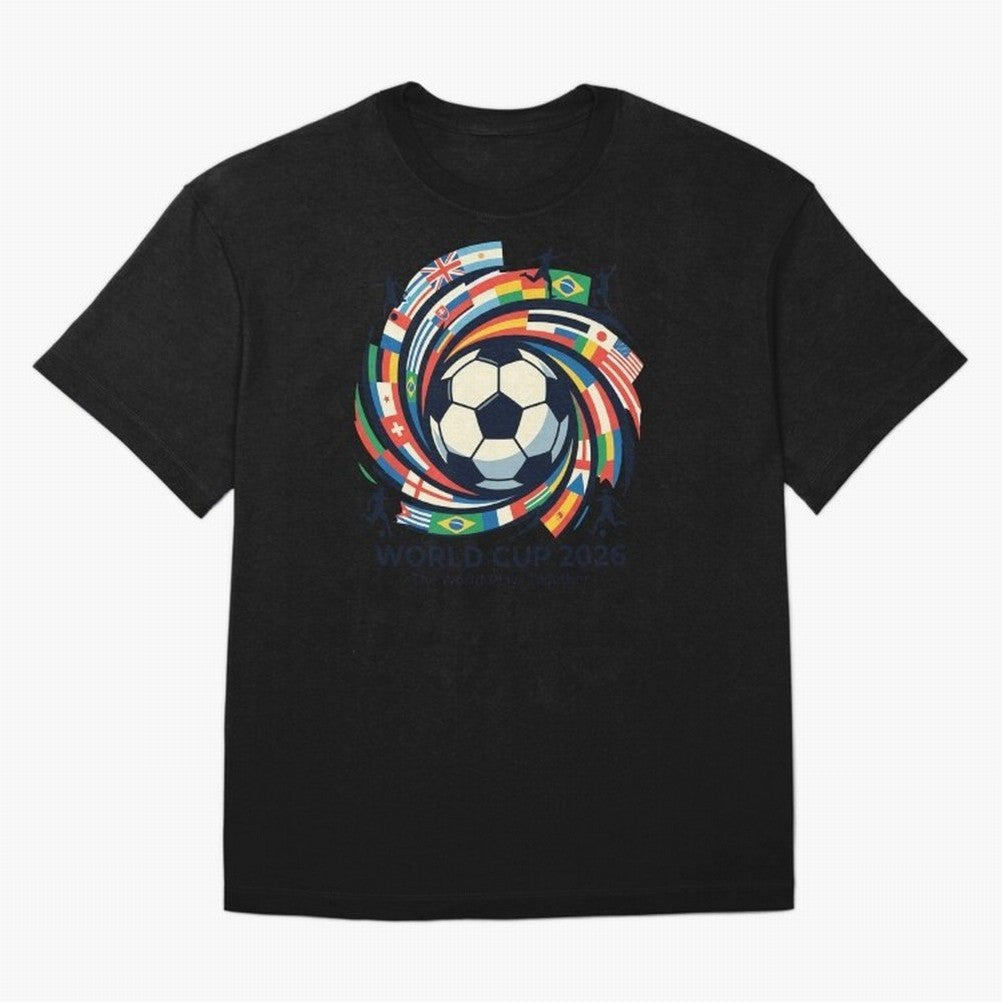2D World Cup 2026 Football Spiral Flag Design T-Shirt Oversized T-Shirt Bring Bold Fan Energy to Global Football Passion for FIFA World Cup 2026 USA Canada Mexico, Featuring Messi, CR7 and Mbappe, Argentina, France and Brazil, Football Festival