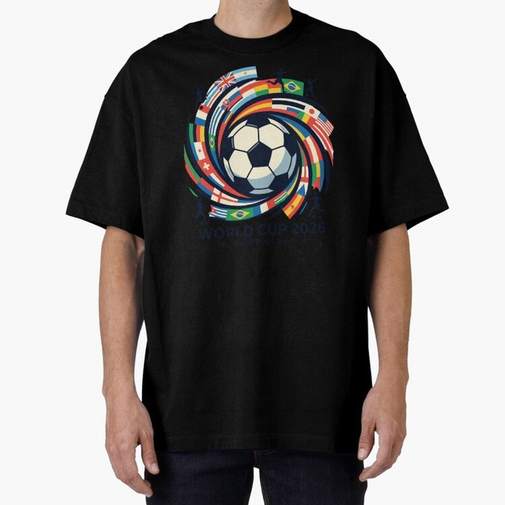2D World Cup 2026 Football Spiral Flag Design T-Shirt Oversized T-Shirt Bring Bold Fan Energy to Global Football Passion for FIFA World Cup 2026 USA Canada Mexico, Featuring Messi, CR7 and Mbappe, Argentina, France and Brazil, Football Festival