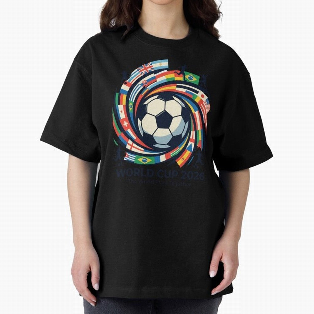 2D World Cup 2026 Football Spiral Flag Design T-Shirt Oversized T-Shirt Bring Bold Fan Energy to Global Football Passion for FIFA World Cup 2026 USA Canada Mexico, Featuring Messi, CR7 and Mbappe, Argentina, France and Brazil, Football Festival