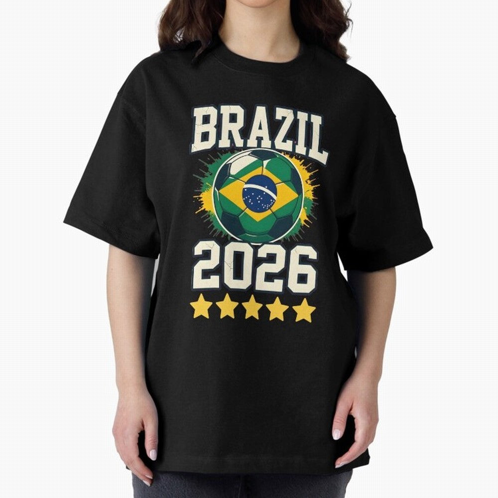 Brazil Soccer Football 2026 Oversized T-Shirt Feel the Trophy Chase of FIFA World Cup 2026 Spirit, Featuring England, France and Netherlands, Cristiano Ronaldo, Haaland and CR7, Sports Nostalgia, International Competition, Famous Players and
